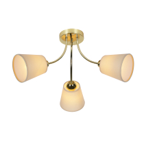 Ceiling lamp CAMILA, for low ceiling rooms, gold frame, 3 fabric lampshades