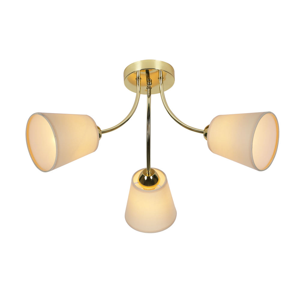 Ceiling lamp CAMILA, for low ceiling rooms, gold frame, 3 fabric lampshades